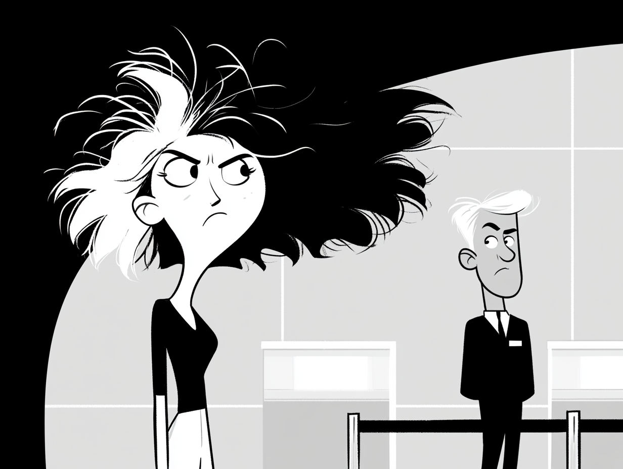Black and white cartoon of a woman with wild, disheveled hair glaring angrily near an airport check-in counter as a wary uniformed agent watches her from behind the desk. airline blacklist