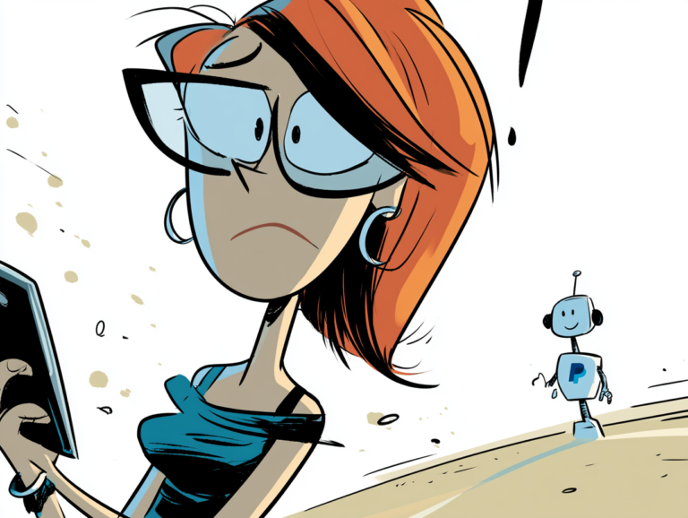 Woman glaring at her phone in exasperation while a small cartoon robot walks away behind her