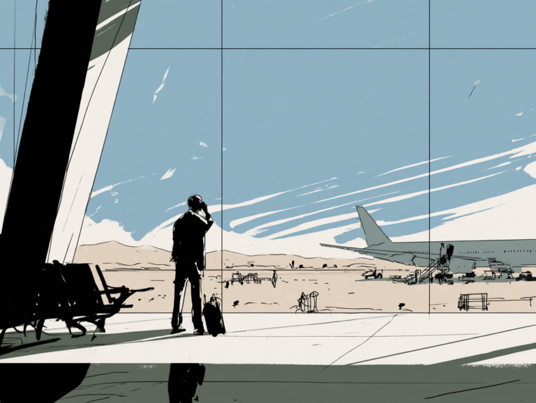 A lone traveler with a suitcase stands at a terminal window watching a jet on the ramp