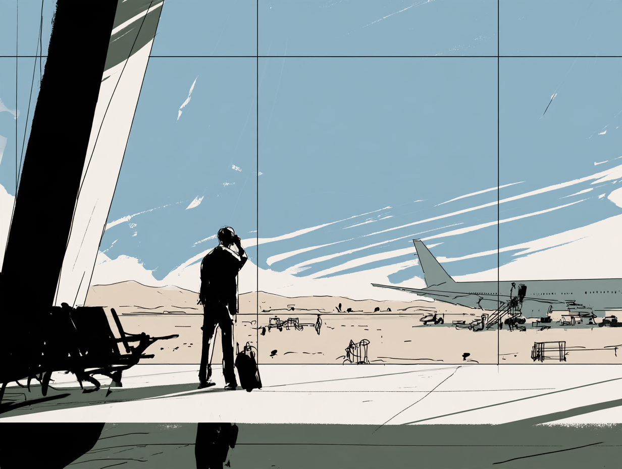 A lone traveler with a suitcase stands at a terminal window watching a jet on the ramp