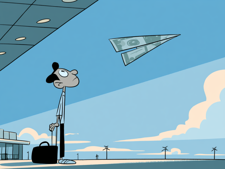 Cartoon traveler at an airport terminal looking up at a dollar bill folded into a paper airplane