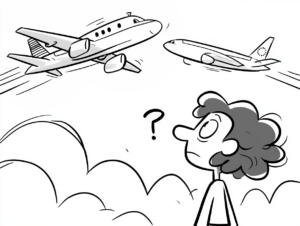 Black and white cartoon of a puzzled traveler with a question mark overhead watching two airplanes fly away in opposite directions.