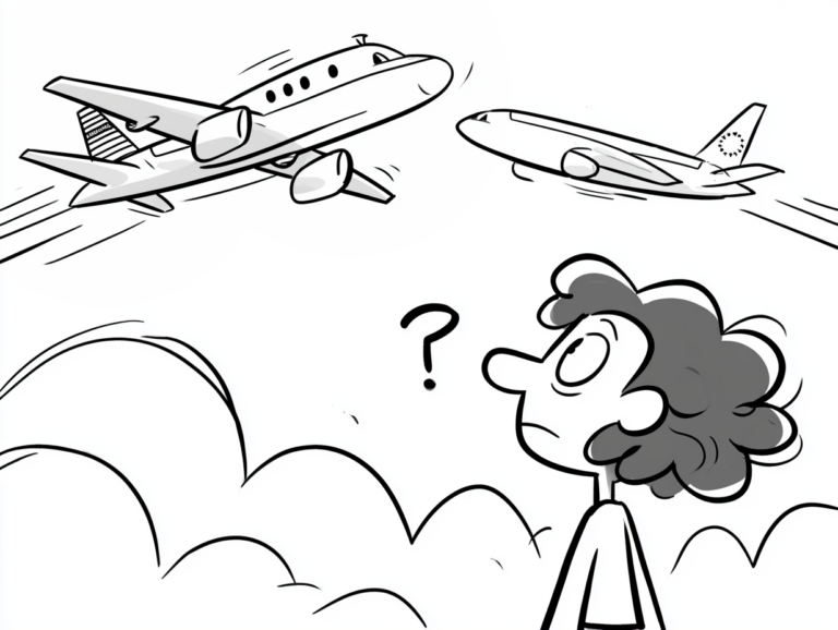 Black and white cartoon of a puzzled traveler with a question mark overhead watching two airplanes fly away in opposite directions.