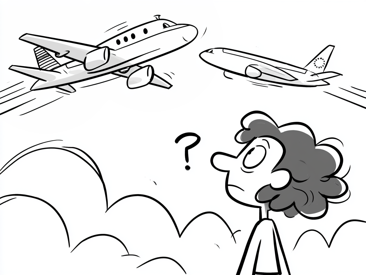 Black and white cartoon of a puzzled traveler with a question mark overhead watching two airplanes fly away in opposite directions.