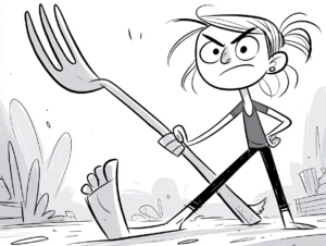 Cartoon of a scowling woman holding an oversized fork beside a giant bare foot.
