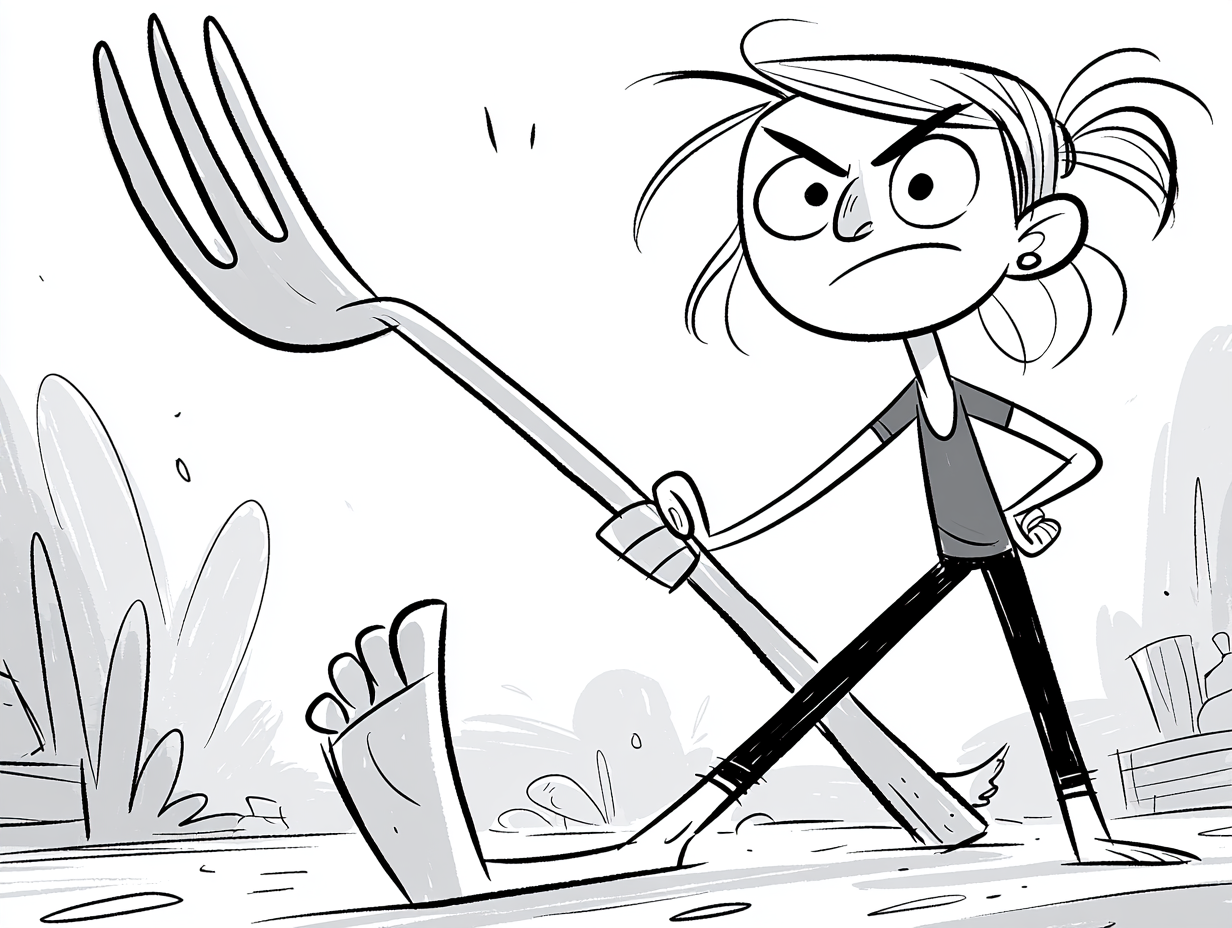 Cartoon of a scowling woman holding an oversized fork beside a giant bare foot.