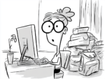 Cartoon of a wide-eyed woman staring at a computer screen while booking a trip, packed luggage stacked beside her.