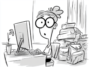 Cartoon of a wide-eyed woman staring at a computer screen while booking a trip, packed luggage stacked beside her.