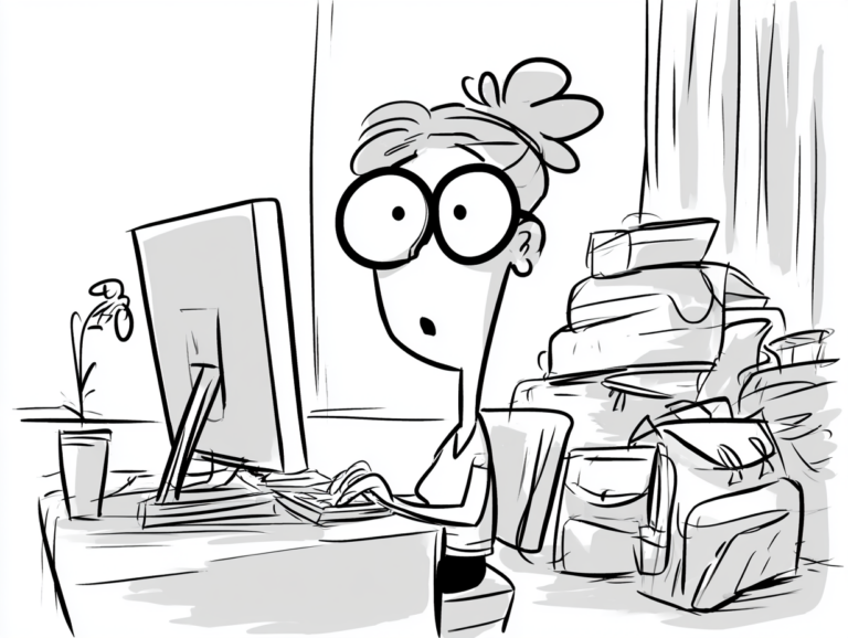 Cartoon of a wide-eyed woman staring at a computer screen while booking a trip, packed luggage stacked beside her.