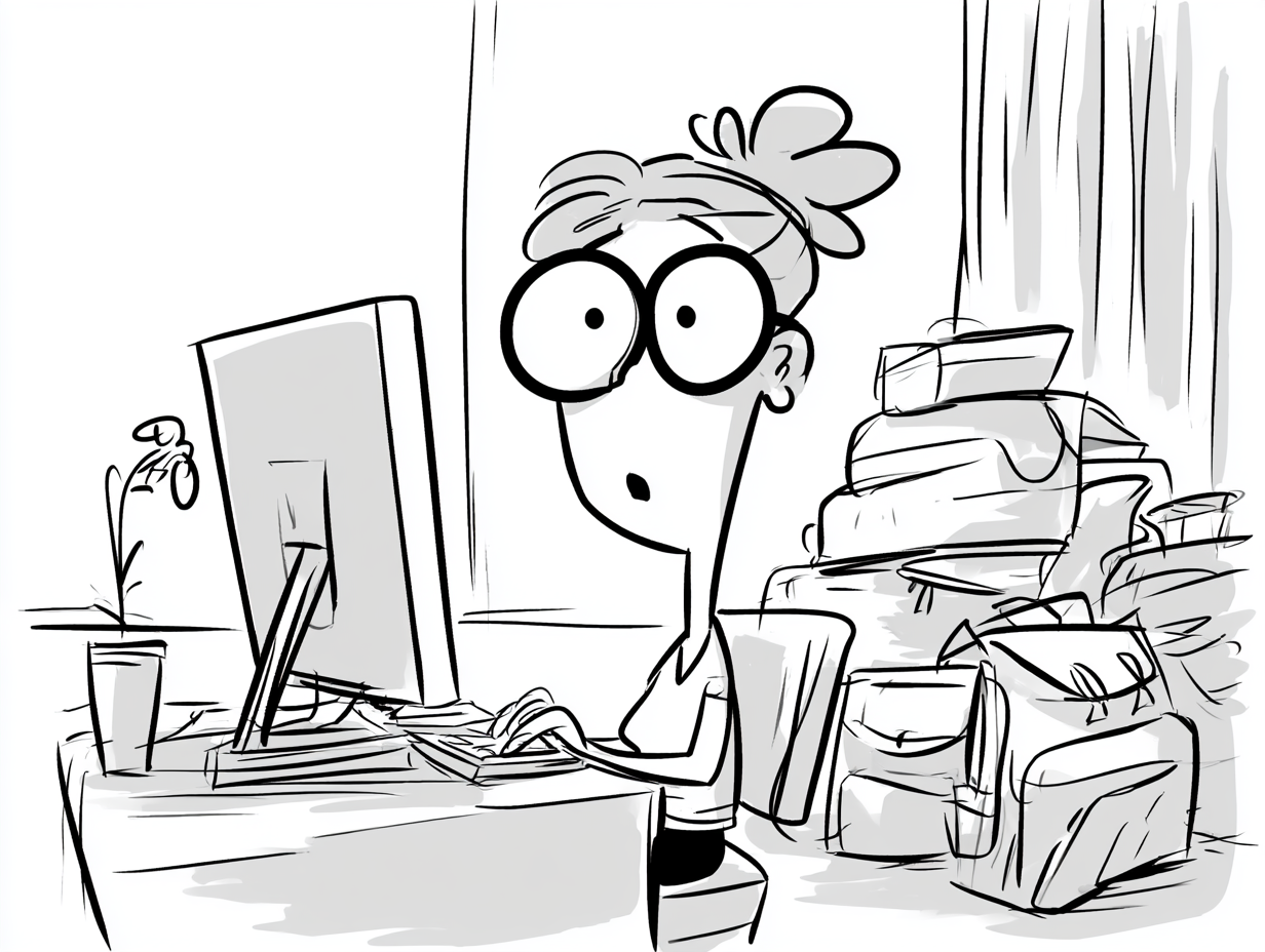 Cartoon of a wide-eyed woman staring at a computer screen while booking a trip, packed luggage stacked beside her.