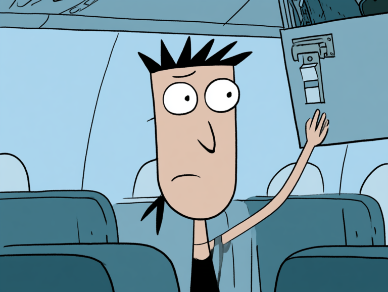 Airline passenger reaching up to a closed overhead bin latch with a worried look
