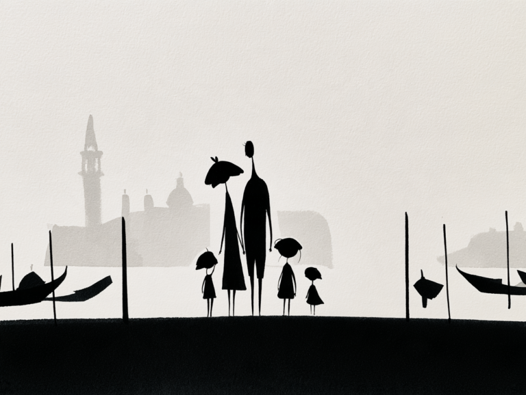A minimalist black-and-white illustration of a family of tourists standing among gondola moorings with the silhouette of Venice behind them, evoking the visitor fees travelers now pay at popular destinations.