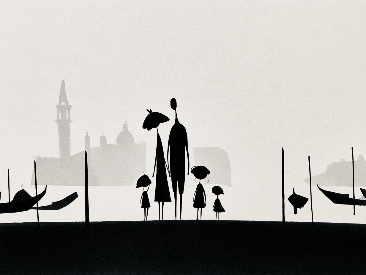 A minimalist black-and-white illustration of a family of tourists standing among gondola moorings with the silhouette of Venice behind them, evoking the visitor fees travelers now pay at popular destinations.