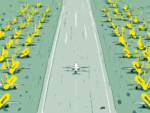 Editorial illustration showing a single white airplane taking off down a runway between two large fields of grounded yellow Spirit Airlines aircraft on either side, viewed from behind, illustrating how thousands of Spirit Airlines passengers were left stranded after the carrier's shutdown while one rescue flight departs without them