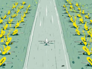 Editorial illustration showing a single white airplane taking off down a runway between two large fields of grounded yellow Spirit Airlines aircraft on either side, viewed from behind, illustrating how thousands of Spirit Airlines passengers were left stranded after the carrier's shutdown while one rescue flight departs without them
