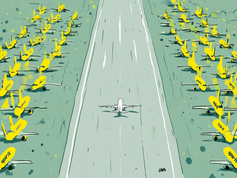 Editorial illustration showing a single white airplane taking off down a runway between two large fields of grounded yellow Spirit Airlines aircraft on either side, viewed from behind, illustrating how thousands of Spirit Airlines passengers were left stranded after the carrier's shutdown while one rescue flight departs without them
