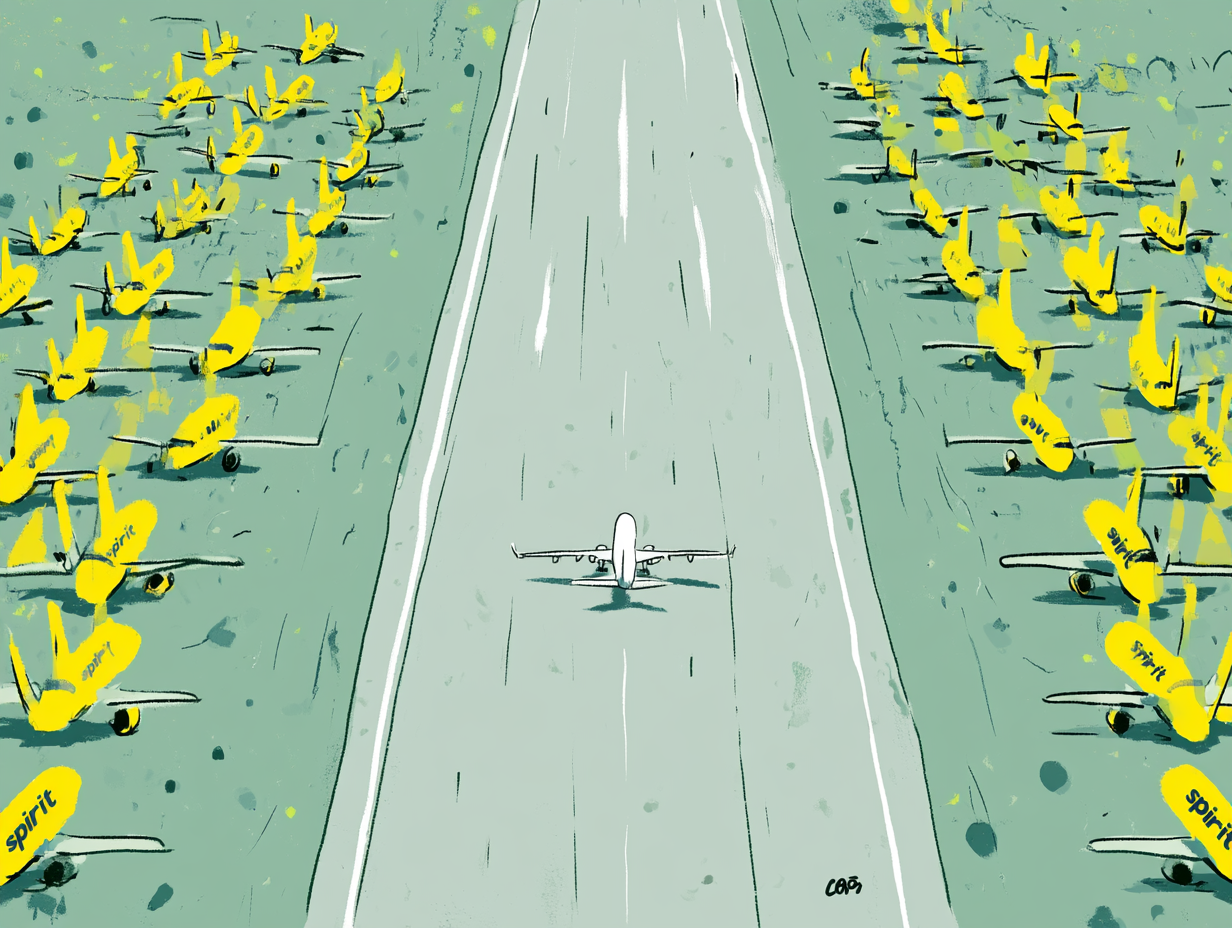 Editorial illustration showing a single white airplane taking off down a runway between two large fields of grounded yellow Spirit Airlines aircraft on either side, viewed from behind, illustrating how thousands of Spirit Airlines passengers were left stranded after the carrier's shutdown while one rescue flight departs without them