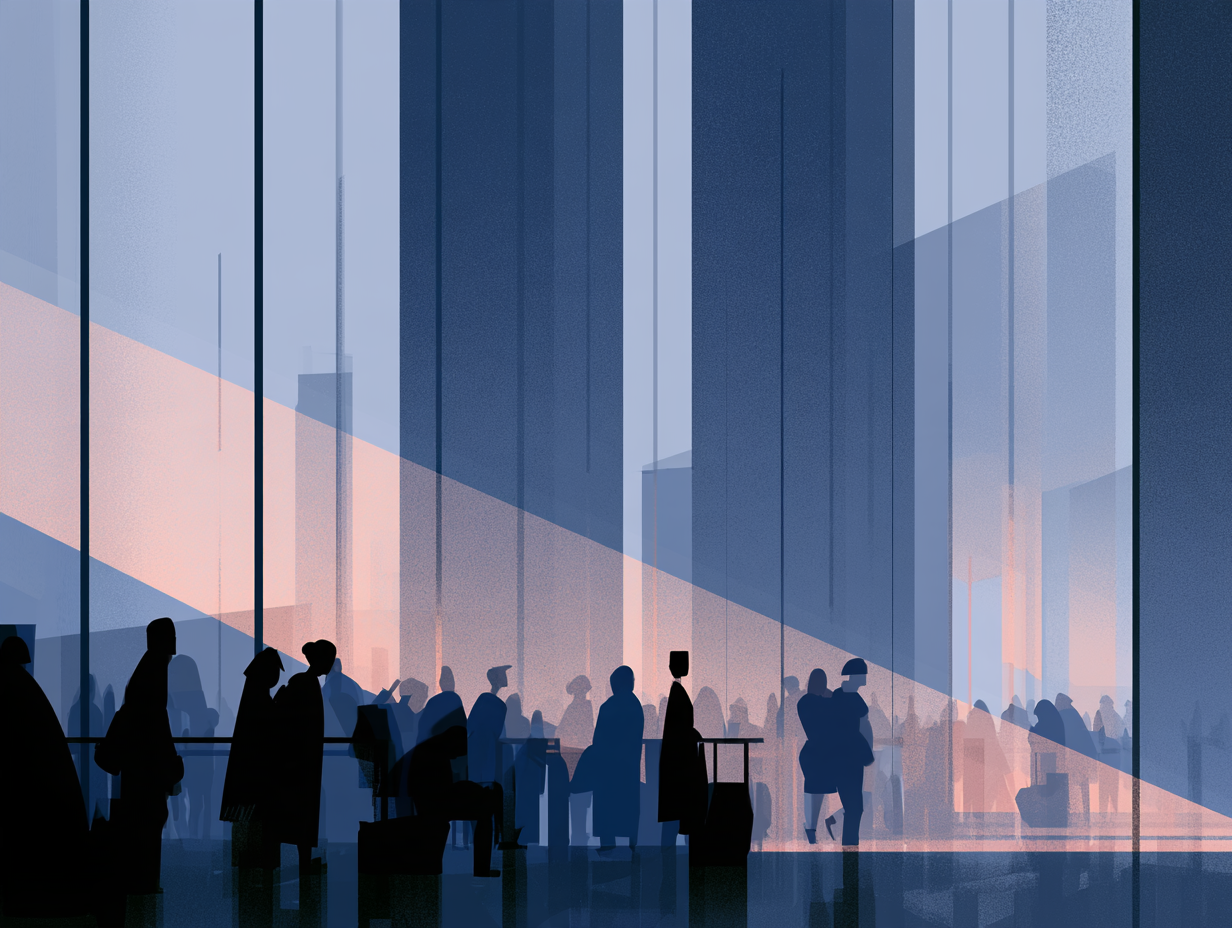 Silhouetted travelers wait in a security line against a wall of tall terminal windows at dusk
