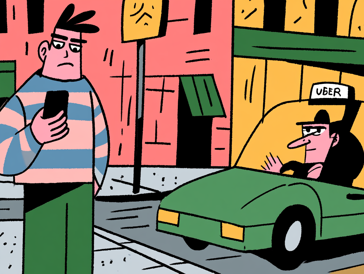 Wary pedestrian checking his phone on a sidewalk as a ride-hail car waits at the curb