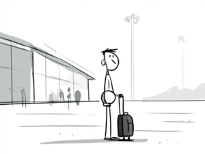 Minimalist black and white cartoon of a lone traveler with a rolling suitcase standing outside a nearly empty airport terminal, looking uncertain, evoking a trip thrown into limbo.
