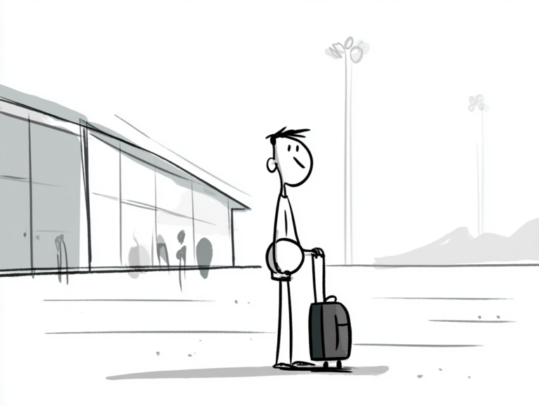 Minimalist black and white cartoon of a lone traveler with a rolling suitcase standing outside a nearly empty airport terminal, looking uncertain, evoking a trip thrown into limbo.