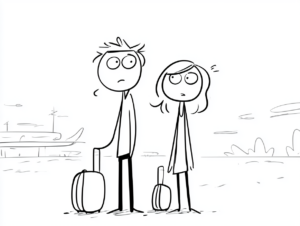 Minimal black and white line cartoon of a worried couple standing with their suitcases at an airport, looking up uncertainly, with a plane and a faint skyline sketched behind them.