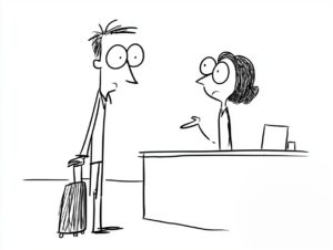 Minimal black and white line cartoon of a wide-eyed traveler holding a rolling suitcase at an airport counter while an agent behind the desk gestures, suggesting a conversation about baggage.