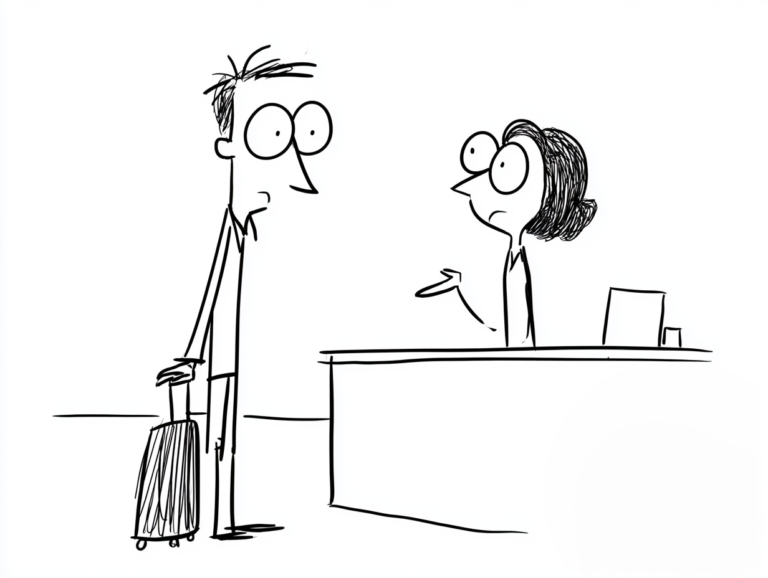 Minimal black and white line cartoon of a wide-eyed traveler holding a rolling suitcase at an airport counter while an agent behind the desk gestures, suggesting a conversation about baggage.