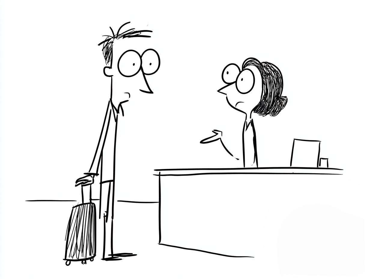 Minimal black and white line cartoon of a wide-eyed traveler holding a rolling suitcase at an airport counter while an agent behind the desk gestures, suggesting a conversation about baggage.