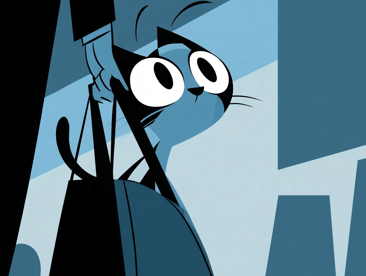 A stylized cartoon of a wide-eyed black cat peering nervously around the edge of a doorway, illustrating a pet's anxiety and reluctance about travel.