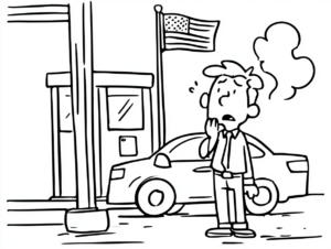 Black and white line cartoon of a worried man standing beside his car with a flat tire on a city street, an American flag flying behind him and steam rising in the air.