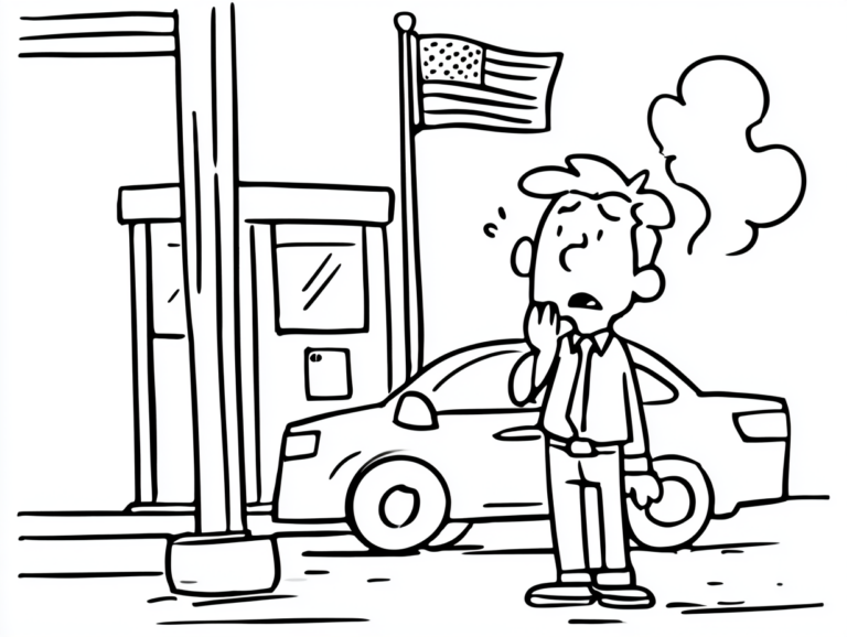 Black and white line cartoon of a worried man standing beside his car with a flat tire on a city street, an American flag flying behind him and steam rising in the air.