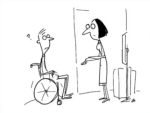 Black and white line cartoon of a puzzled man in a wheelchair on one side of a barrier looking toward a standing woman with a rolling suitcase on the other, suggesting a divide over who boards or pays. Ryanair family seating