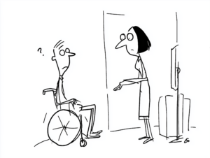 Black and white line cartoon of a puzzled man in a wheelchair on one side of a barrier looking toward a standing woman with a rolling suitcase on the other, suggesting a divide over who boards or pays. Ryanair family seating