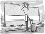Cartoon of a wary traveler with a suitcase standing beside a large blank billboard.