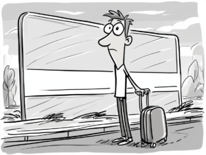 Cartoon of a wary traveler with a suitcase standing beside a large blank billboard.