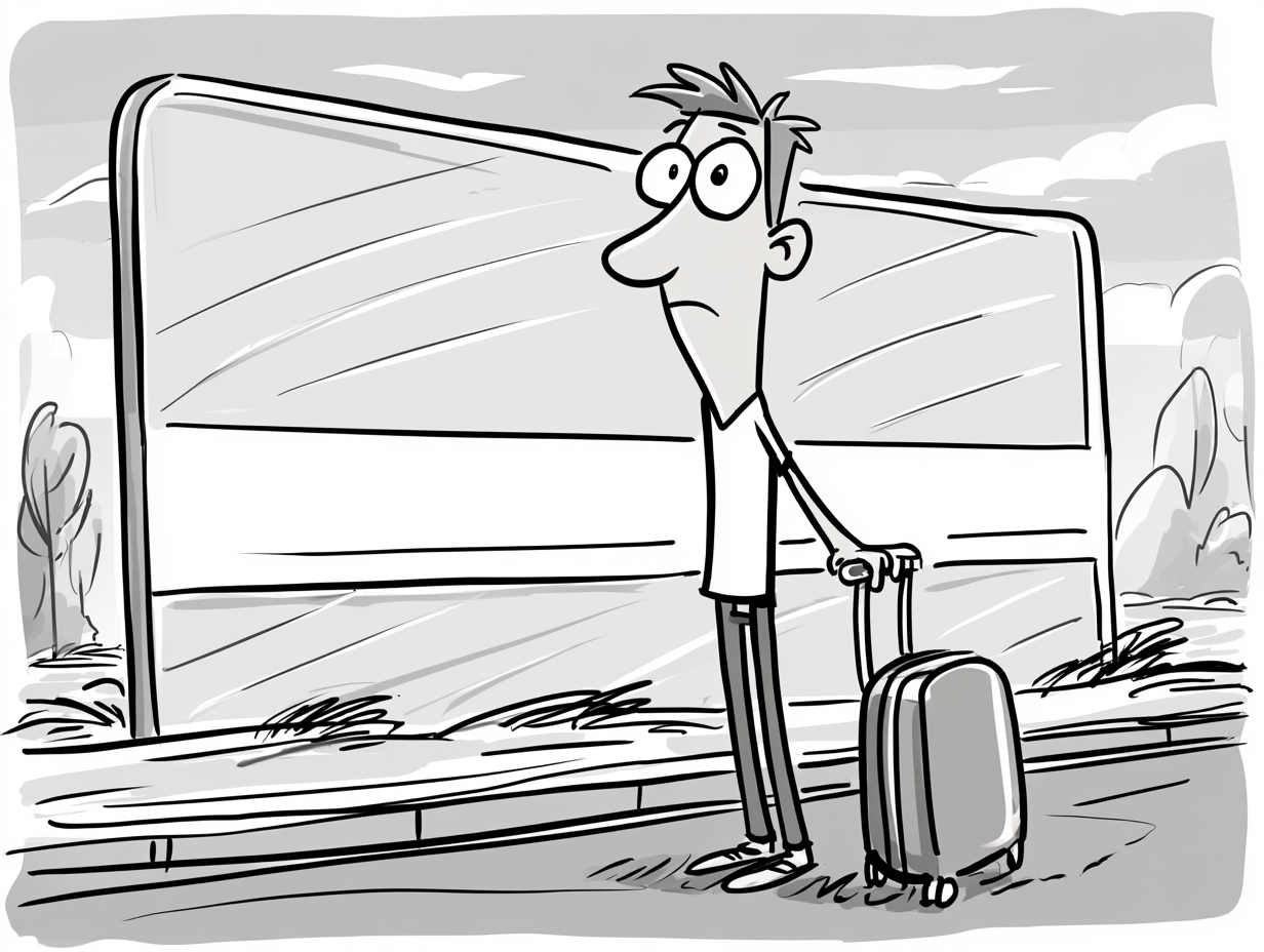 Cartoon of a wary traveler with a suitcase standing beside a large blank billboard.