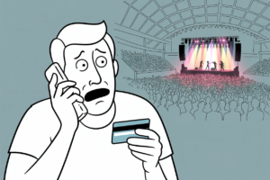 Illustration of a worried man on the phone holding a credit card while a concert crowd watches performers on stage, representing a StubHub ticket refund dispute.