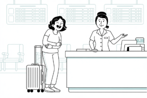lack and white cartoon of a woman laughing with her arms crossed beside two rolling suitcases at an airport check-in counter, while a uniformed agent gestures apologetically under a wall of flight boards.