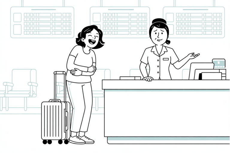 lack and white cartoon of a woman laughing with her arms crossed beside two rolling suitcases at an airport check-in counter, while a uniformed agent gestures apologetically under a wall of flight boards.