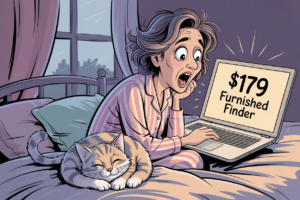 Cartoon of a woman in pajamas staring in shock at a laptop showing a $179 Furnished Finder charge, her cat asleep beside her on the bed.
