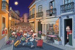 artoon of a huge crowd of tourists with rolling suitcases stampeding down a narrow tiled European street at night as residents watch in alarm from windows and doorways.