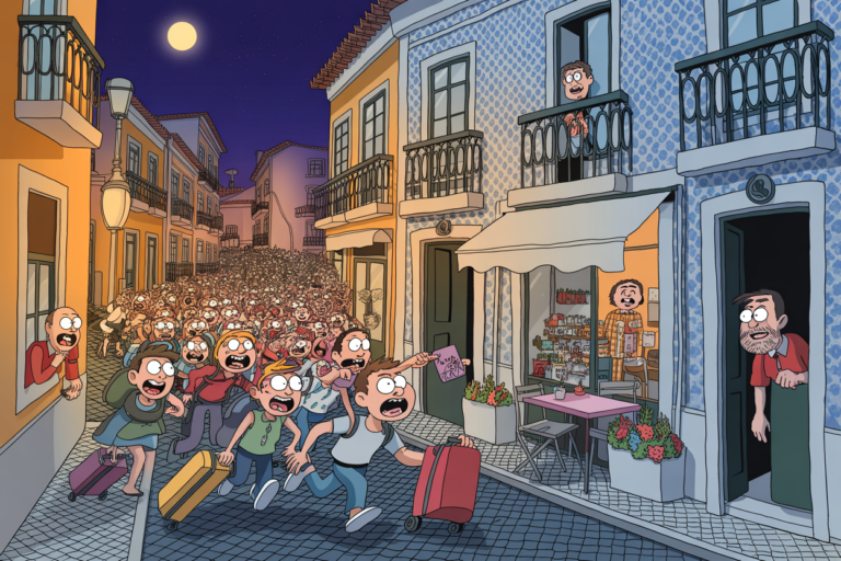 artoon of a huge crowd of tourists with rolling suitcases stampeding down a narrow tiled European street at night as residents watch in alarm from windows and doorways.