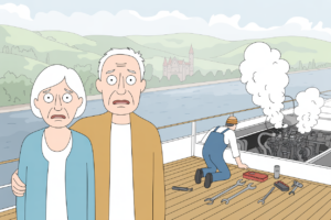 cartoon of a worried older couple standing on a river cruise deck while a mechanic kneels over a smoking engine behind them, with green hills and a castle along the Rhine in the background.