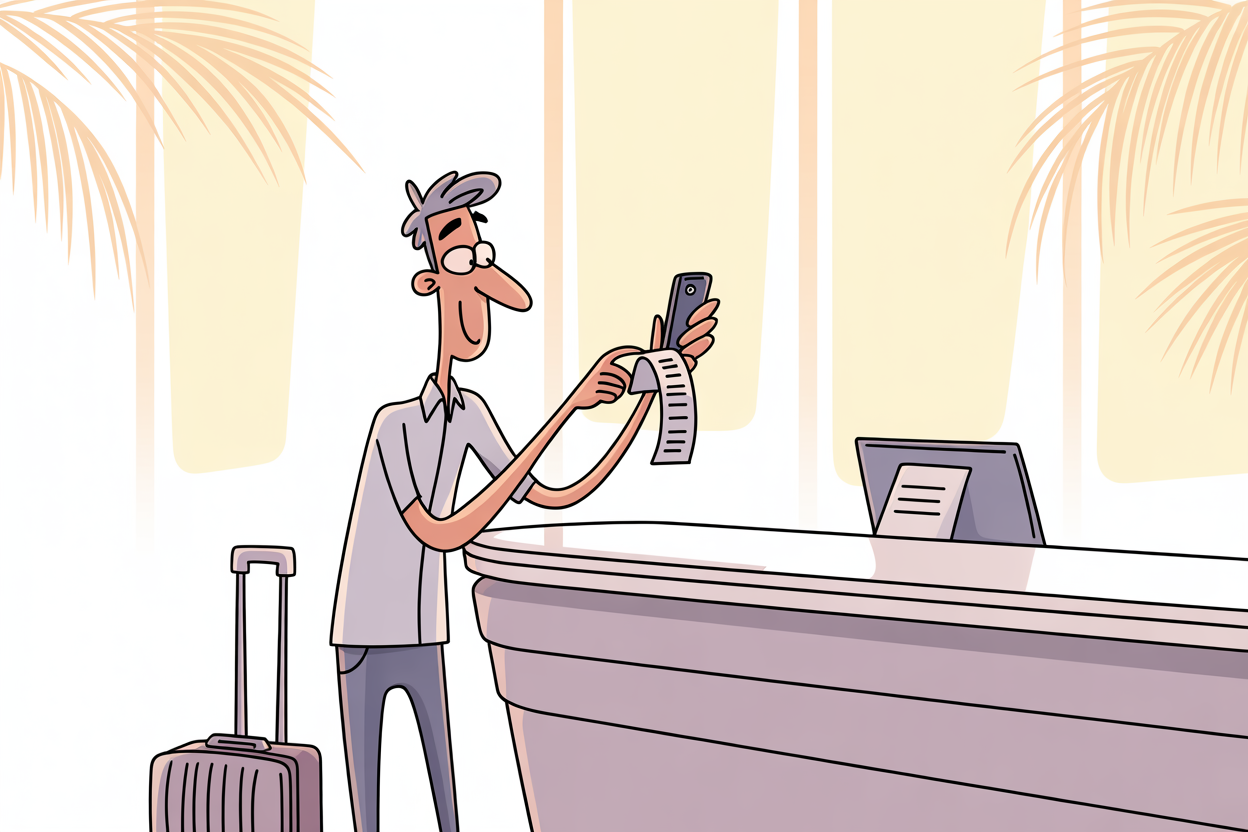 Traveler at a hotel front desk photographing a long paper receipt with his smartphone
