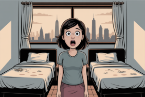 Cartoon of a shocked woman standing between two twin beds with visibly stained sheets in a hotel room, a city skyline through the window behind her.