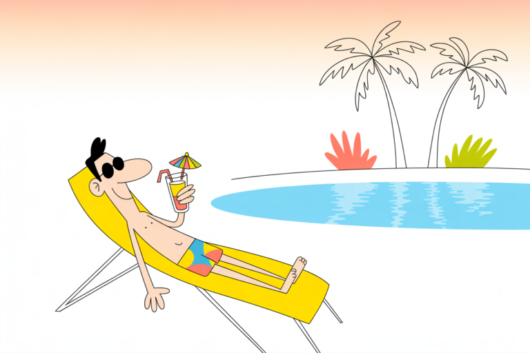 Cartoon of a man in sunglasses relaxing on a yellow lounger with a cocktail beside an empty pool and palm trees.