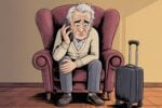 Editorial cartoon showing a worried elderly gray-haired man in a beige cardigan and gray trousers sitting in a dark red armchair with his hand on his sore right knee while holding a cell phone to his ear, with a black wheeled suitcase standing nearby on the hardwood floor, illustrating a senior traveler trying to secure a medical refund after a hip condition forced him to cancel a transatlantic flight