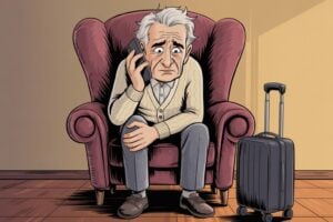 Editorial cartoon showing a worried elderly gray-haired man in a beige cardigan and gray trousers sitting in a dark red armchair with his hand on his sore right knee while holding a cell phone to his ear, with a black wheeled suitcase standing nearby on the hardwood floor, illustrating a senior traveler trying to secure a medical refund after a hip condition forced him to cancel a transatlantic flight