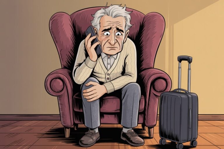 Editorial cartoon showing a worried elderly gray-haired man in a beige cardigan and gray trousers sitting in a dark red armchair with his hand on his sore right knee while holding a cell phone to his ear, with a black wheeled suitcase standing nearby on the hardwood floor, illustrating a senior traveler trying to secure a medical refund after a hip condition forced him to cancel a transatlantic flight